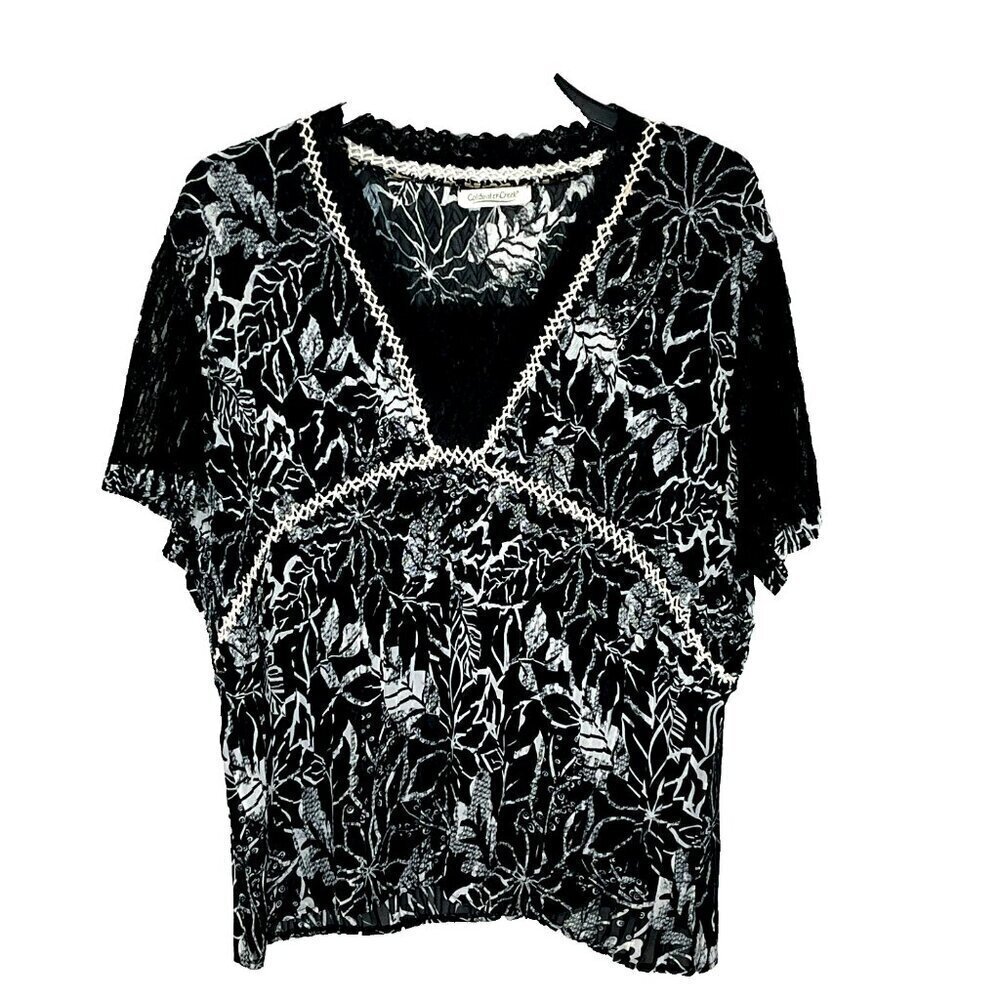 Coldwater Creek Top  XL V Neck Lace Insert Crochet Trim Crinkle Sheer Dark Fairy